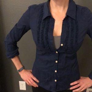 Navy ruffle detail button down. Slim waist.